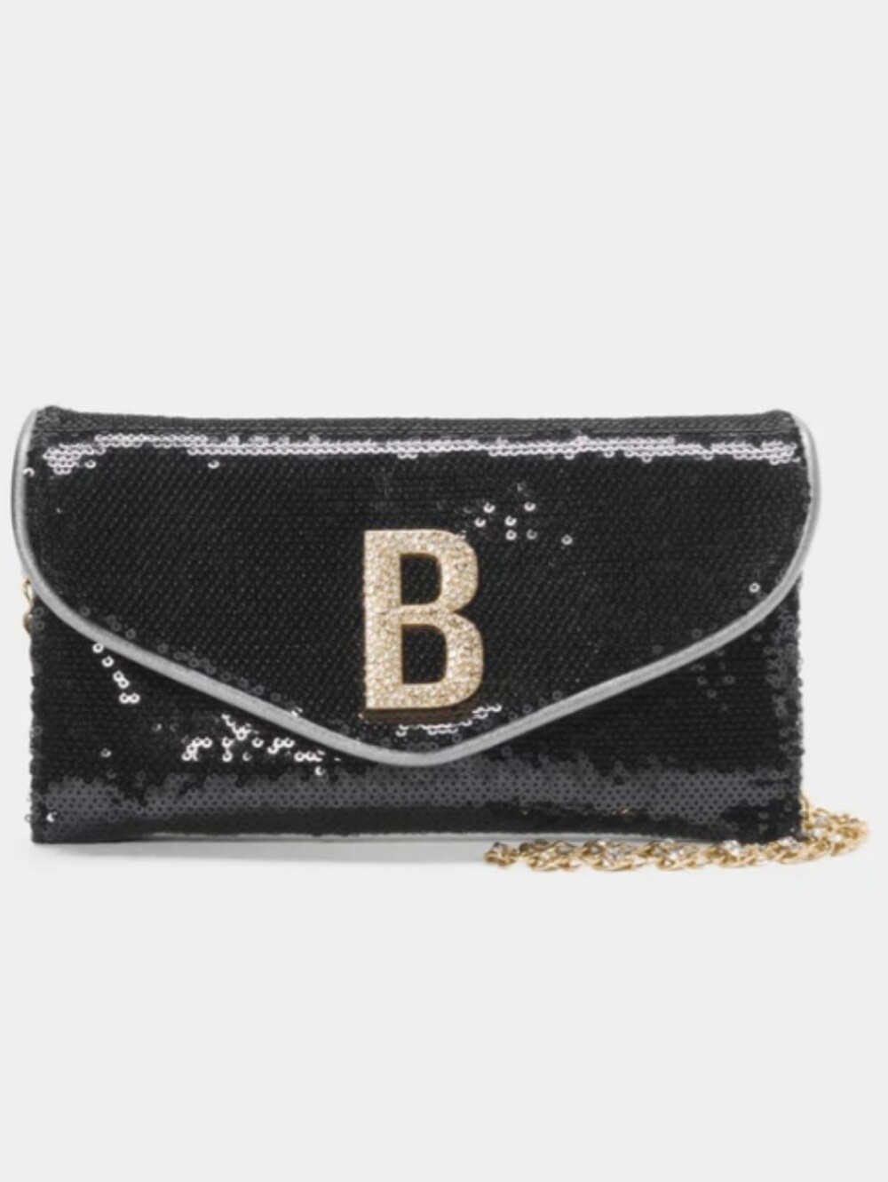 Bebe Miro Sequin Clutch Crossbody Bag in Black, Gold Rhinestone 'B' & Chain NWT